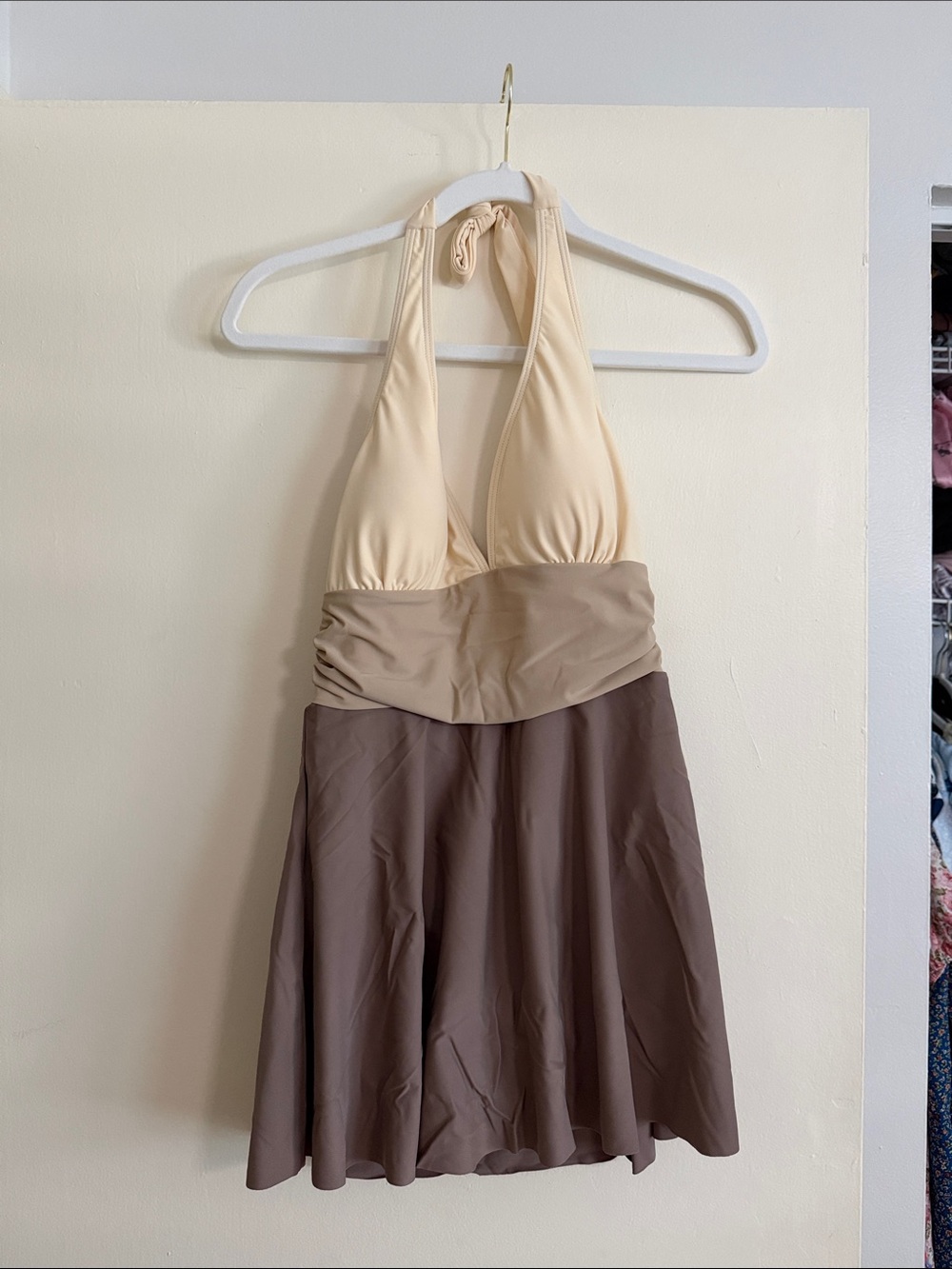 Two-Tone Halter Skirted Swimsuit - Cream and Brown